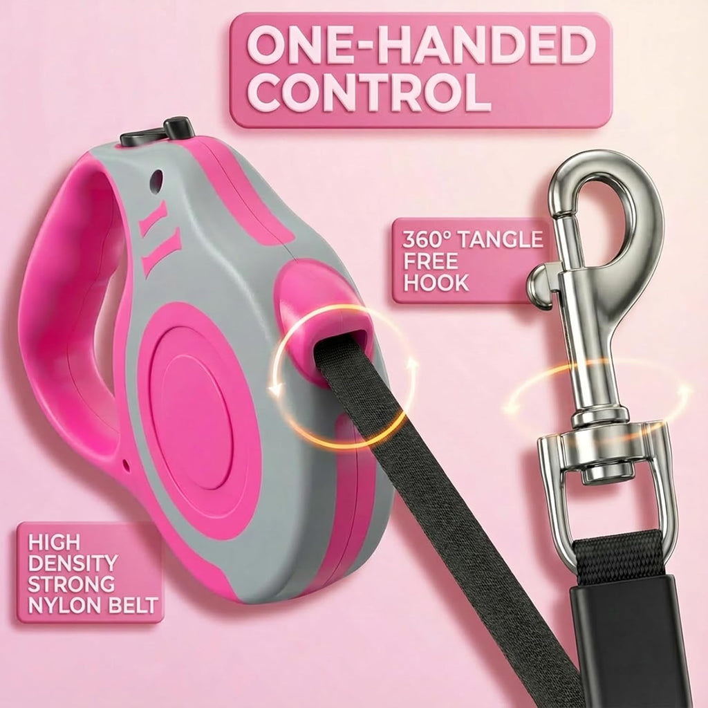 Retractable Dog Leash Lightweight 10/16FT Leash with Non-Slip Handle, for Small Medium Dogs (Gray Pink, 16 FT)