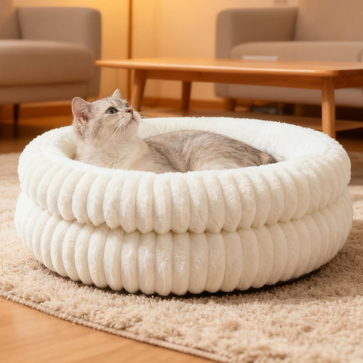Cat Beds for Indoor Cats,Washable Round Donut Dog Bed(White, S)