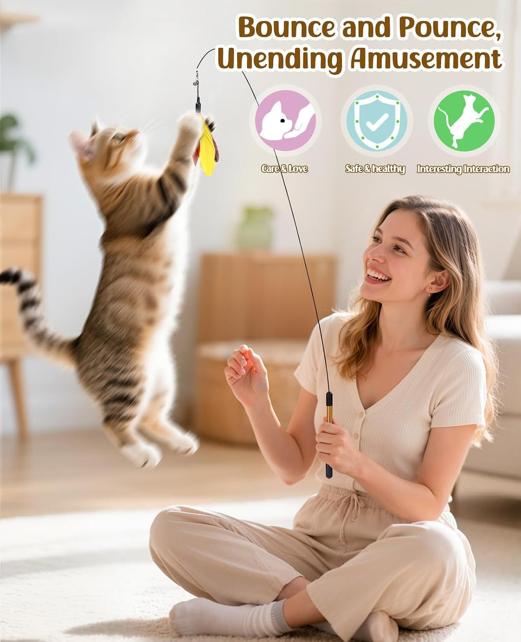 Pawaboo Cat Feather Wand Interactive Toy, 2 Feathers + 1 Wand with Bell | Cat Feather Teaser Toys Flying Catcher Extra Long 34.5" Wand Exerciser Playing Chase Cat Toy Wands for Kitten, Yellow& Red