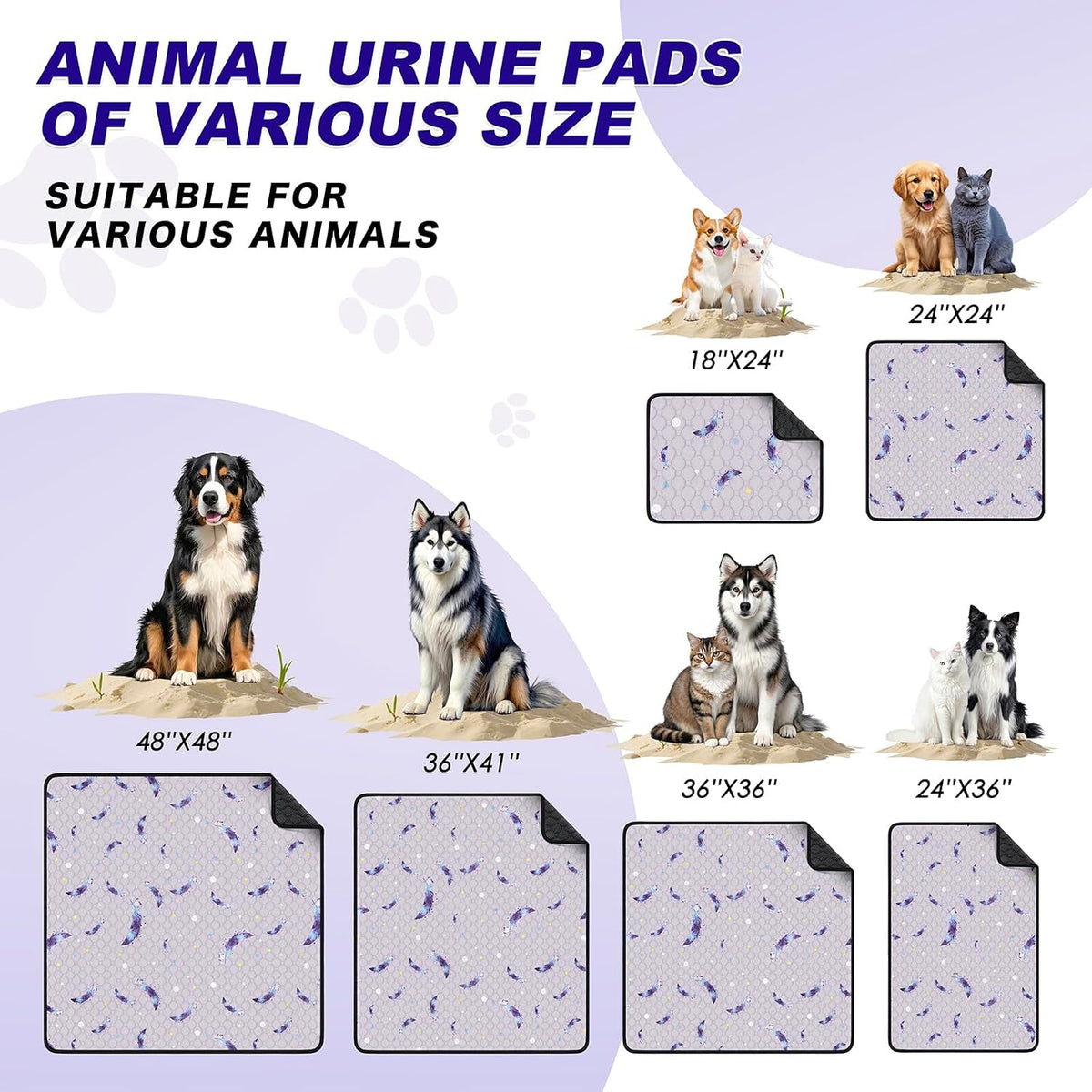 Washable Dog Pee Pads, Non-Slip Waterproof, 24 x 48 in, 2 Pack, Feather | Super absorbent, waterproof and non-slip; washable, reusable dog pads for crates, playpens, floors, furniture and travel