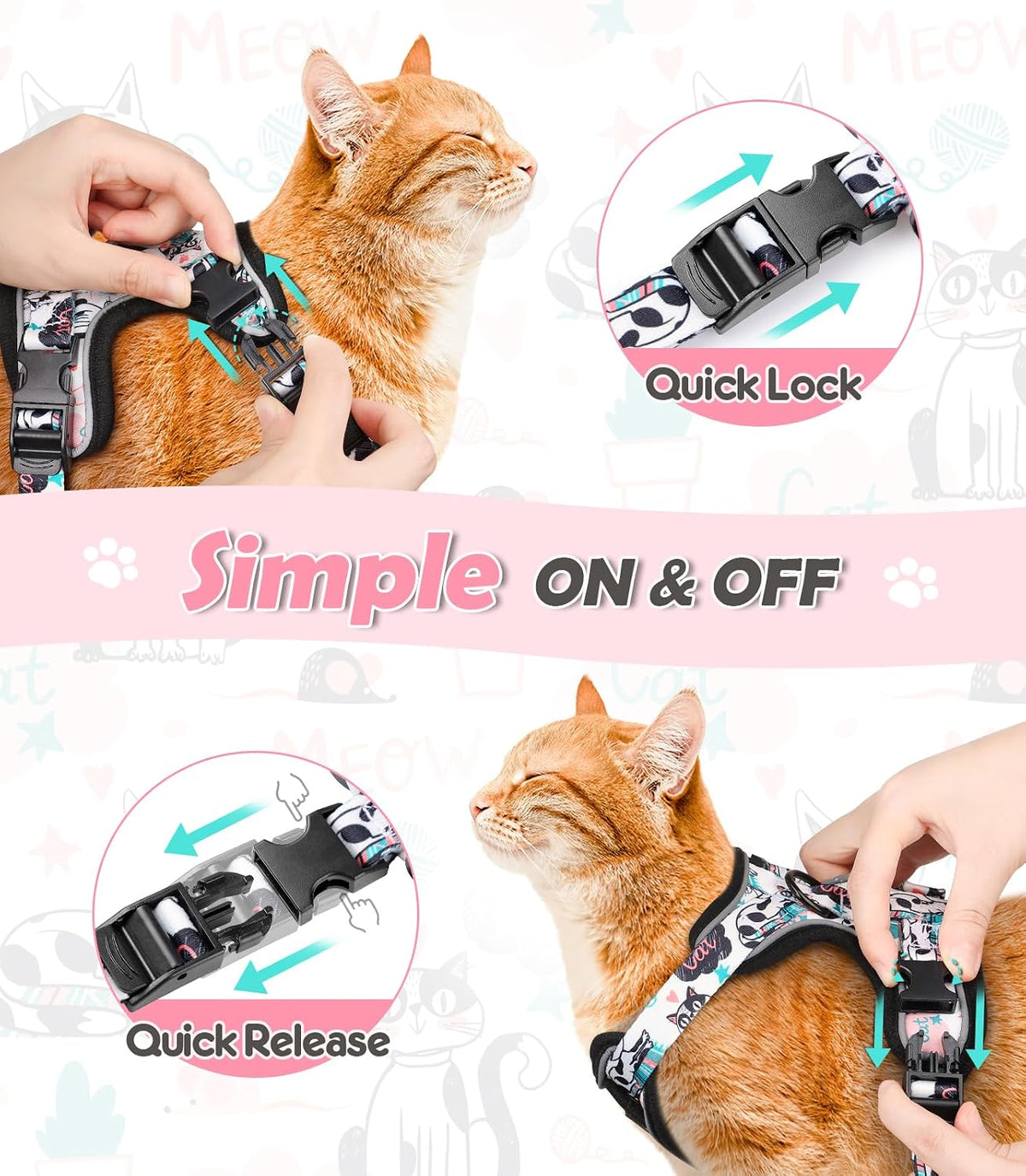 Halypet Cat Harness and Leash Set[MAX Safety 4th-Gen] Cute Escape Proof Vest Harness for Girl&Boy Cat Walking, Comfortable Adjustable Leash and Reflective Strips for Outdoor Kitten, S Inky Meowy