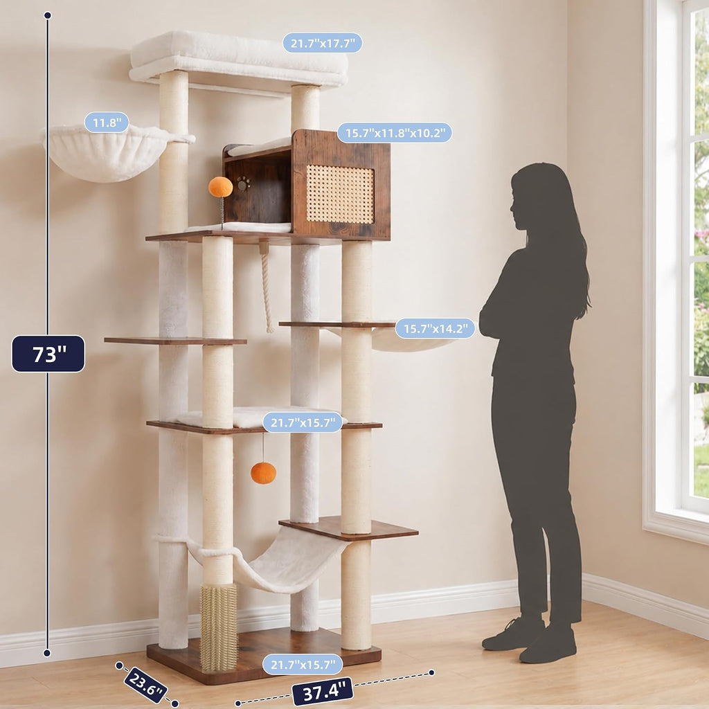 Hey-brother Wooden Cat Tree Tower with Rattan Condo, Large Platform, 2 Cozy Hammocks, Basket, Self-Grooming Brush, 9 Full Sisal Scratching Posts for Indoor Adult Cats, 73 Inches, Rustic Brown MPJ122SR