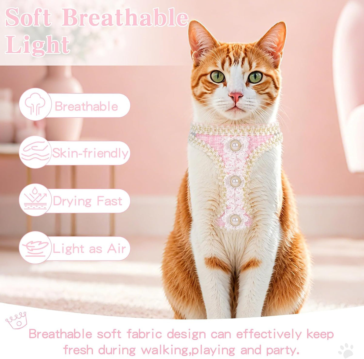 Cat Harness and Leash Set Escape Proof Kitty Harness for Cat Pink XS