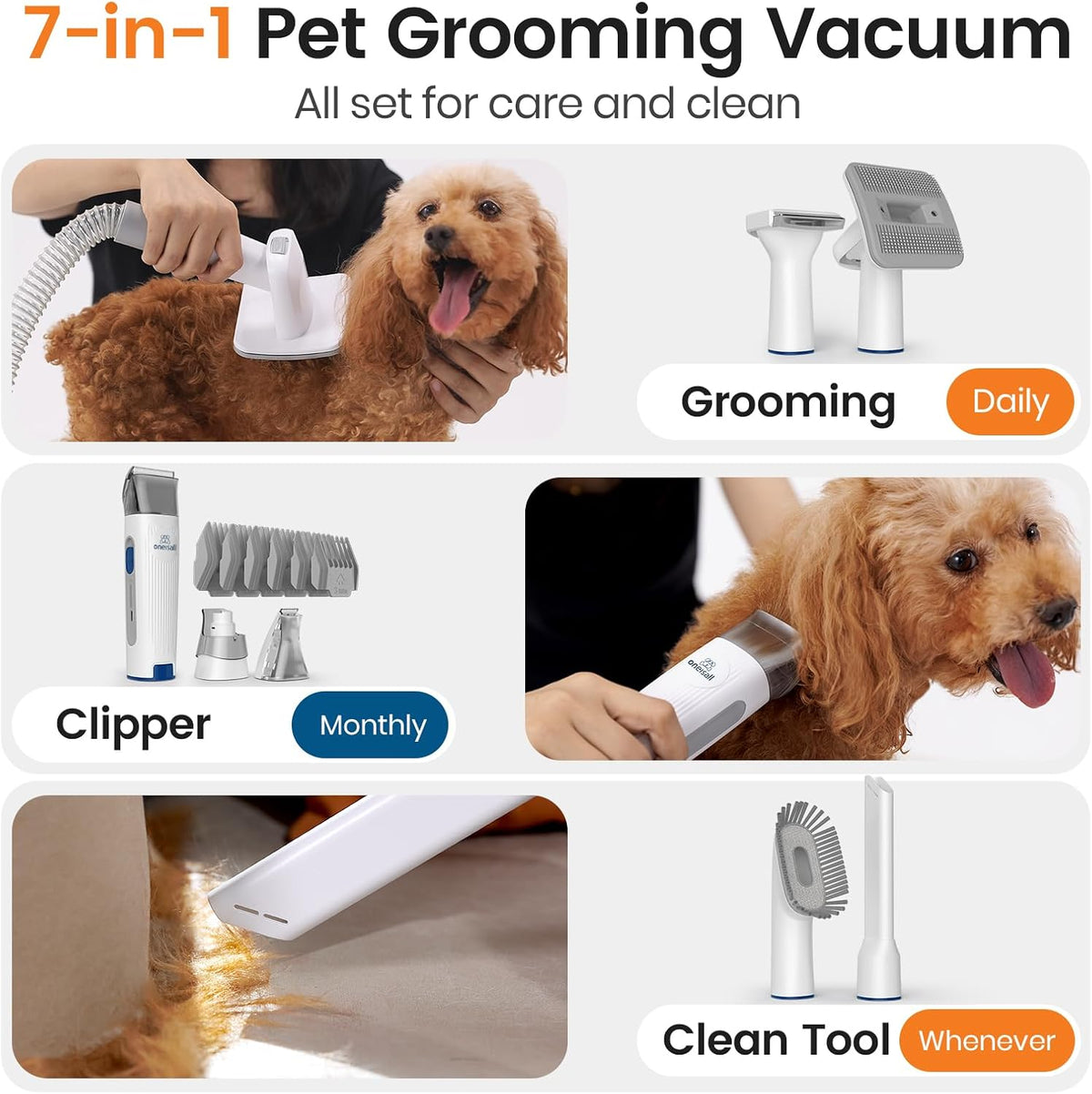 oneisall Dog Grooming Vacuum,7 in 1 Grooming kit Tools with Low Noise