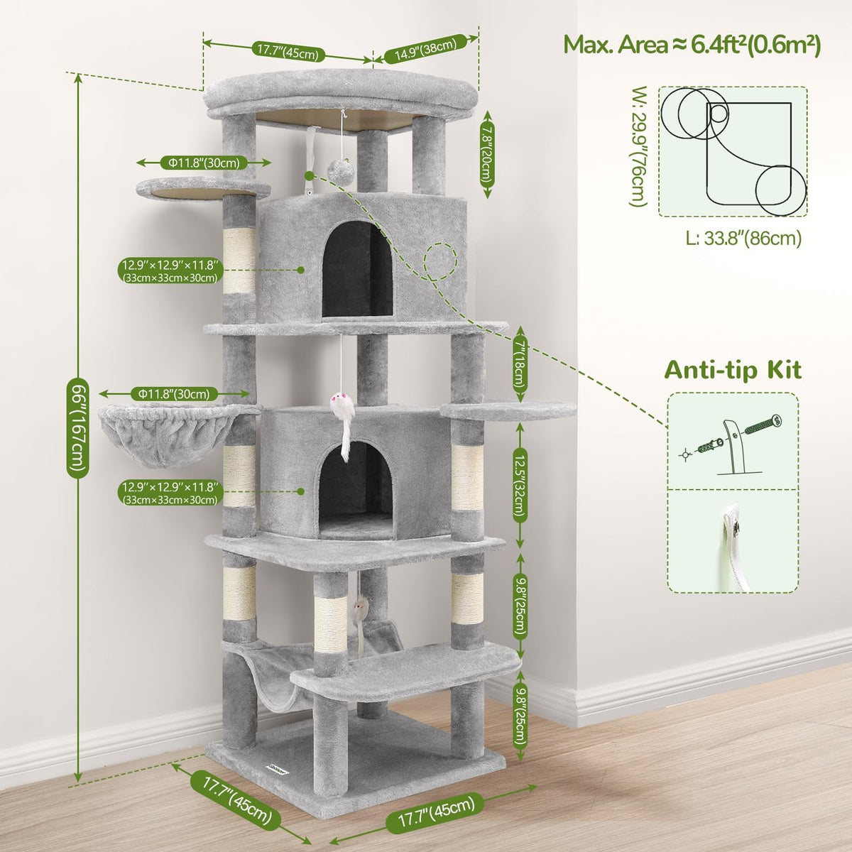 Globlazer 66in Corner Cat Tree Tower for Indoor Large Cat, C66, Light Grey