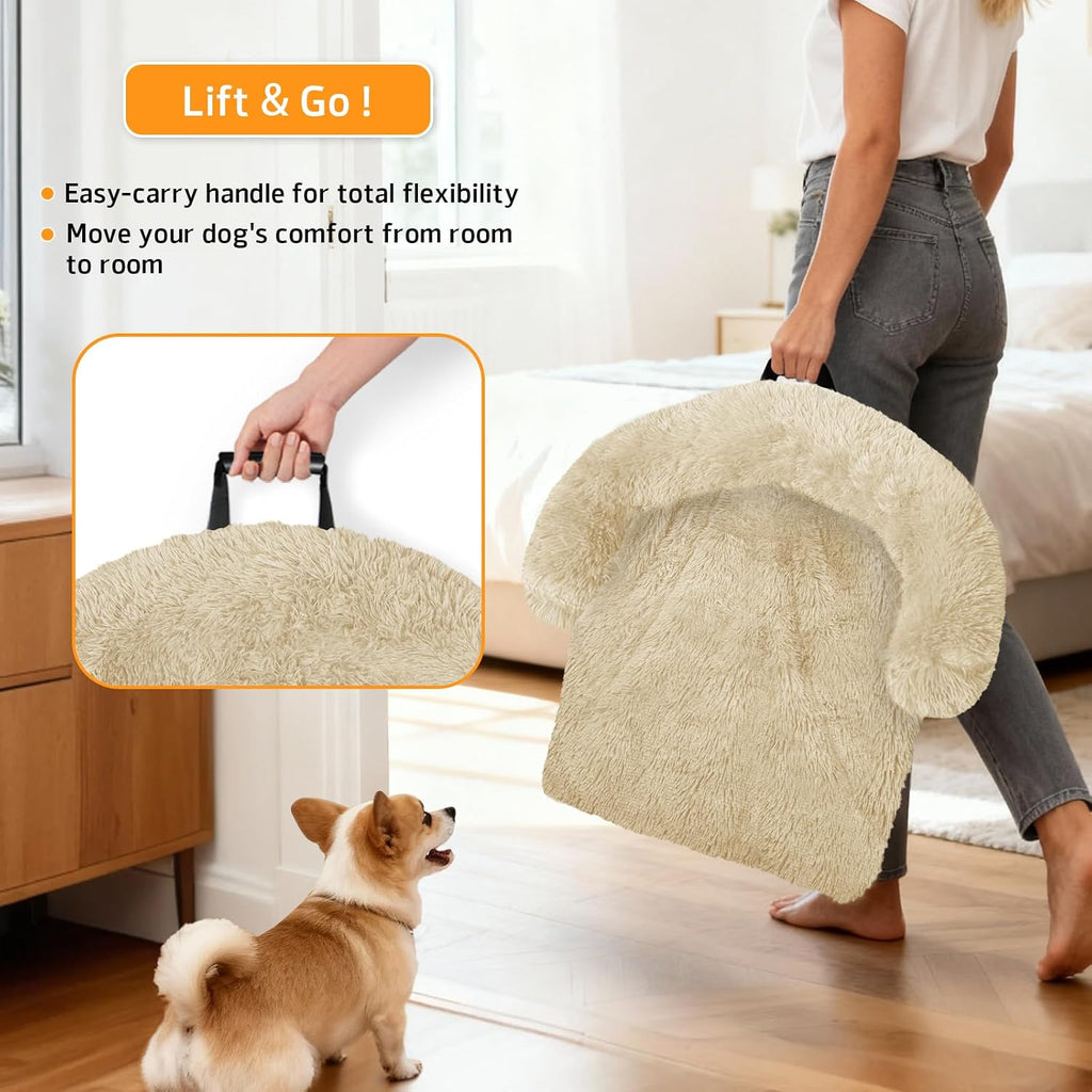 Calming Dog Bed Fluffy Plush Dog Mat for Furniture Protector with Removable Washable Cover for Large Medium Small Dogs and Cats (Extra Large (53x39.3x6), Beige)