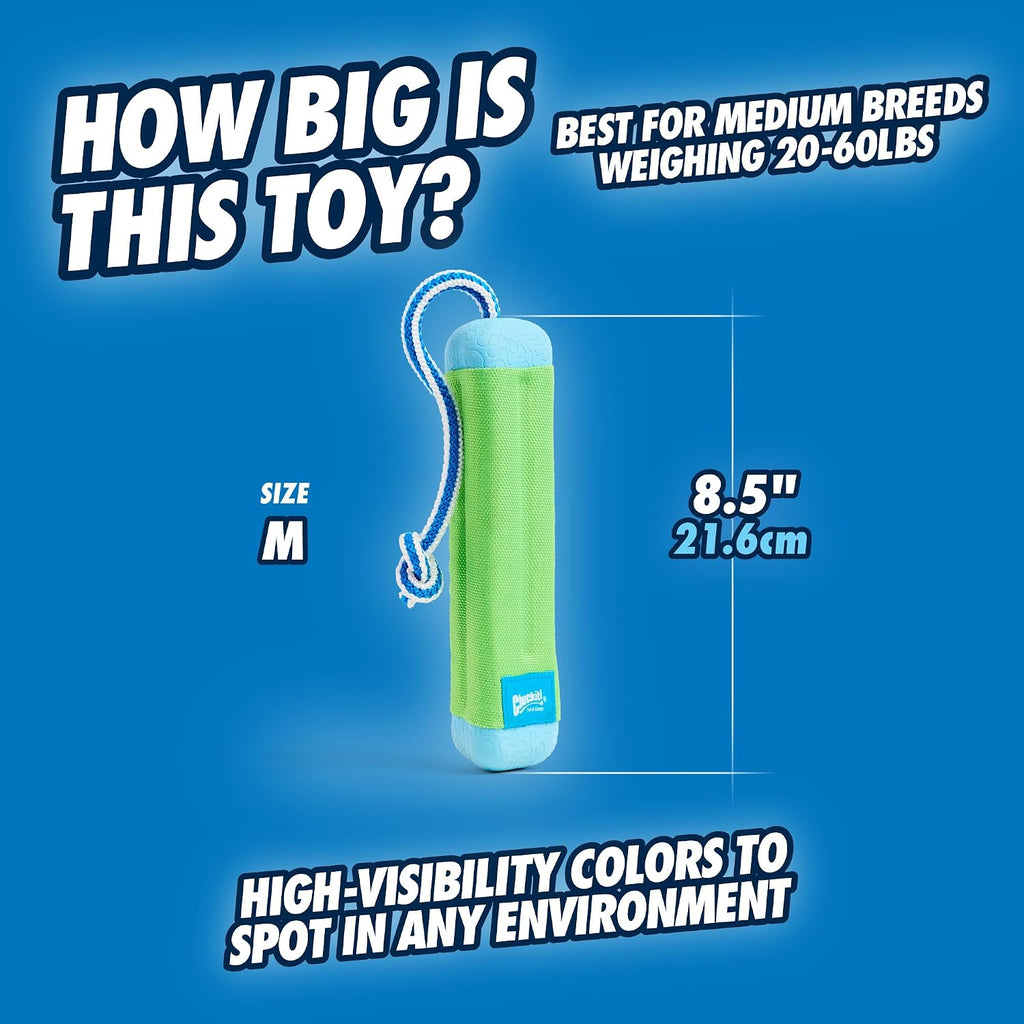 Chuckit! Amphibious Bumper Fetch and Float Toy 2 Sizes Assorted Colors | Floats in Water & Keeps Dogs Busy with Interactive Fetch Play; Made of Tough Rubber, Nylon & Foam with Non-Slip Rope Handle