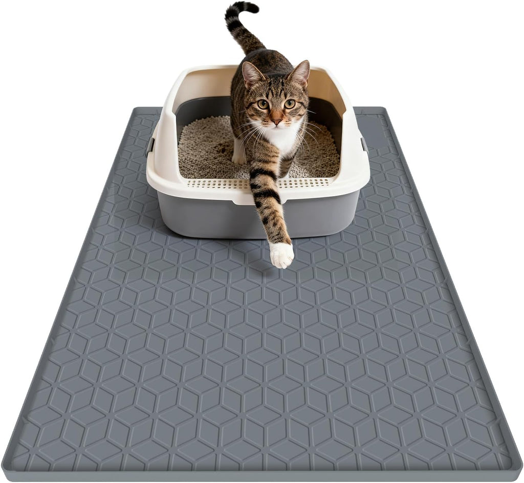 MECHEER Cat Litter Mat Litter Trapping Mat, Silicone Cat Litter Box Mats for Floor, Non-Slip Litterbox Mat with Raised Edge, Easy Clean Pet Feeding Mat for Indoor Cats 34" X 22" Gray