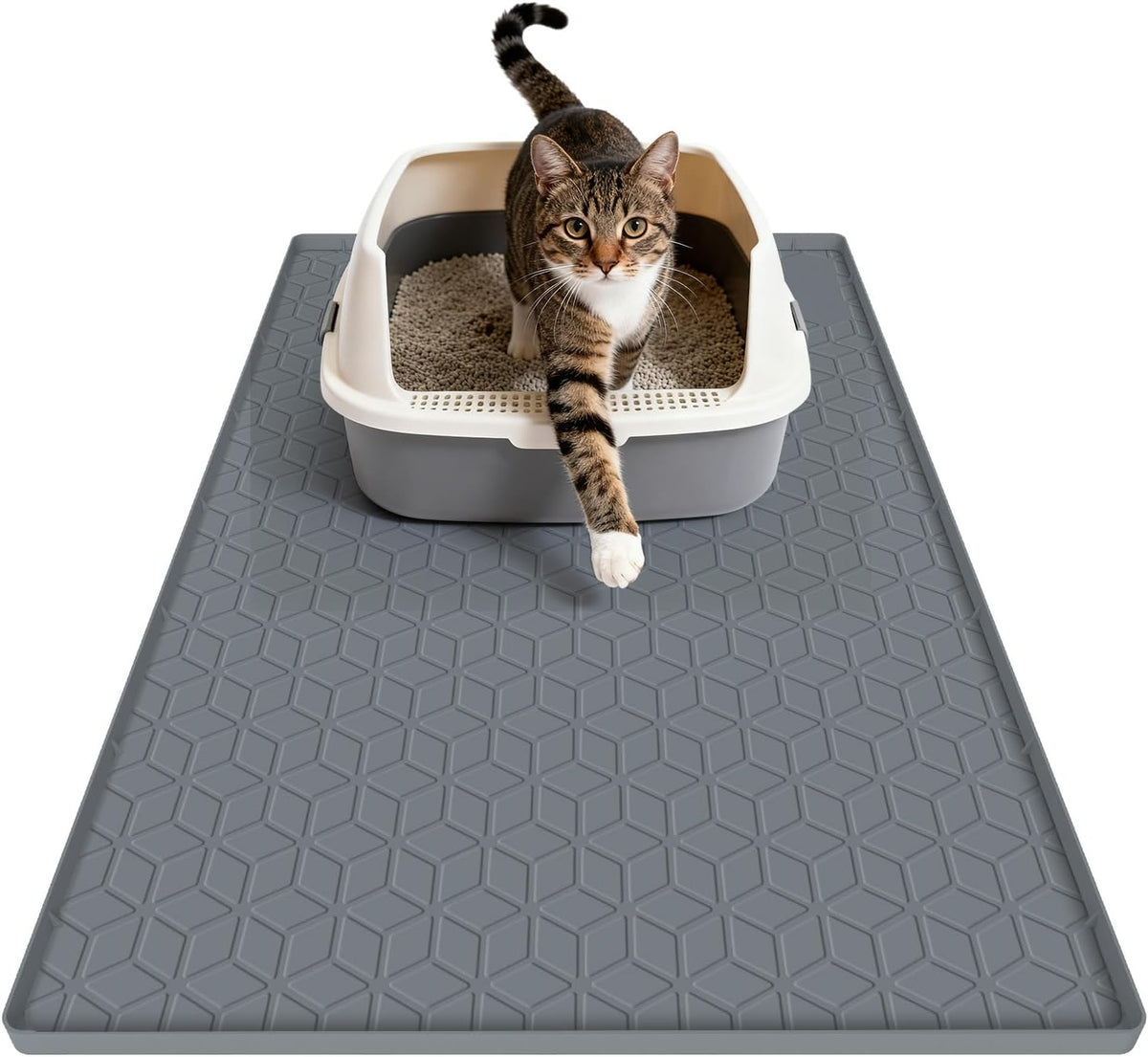 MECHEER Cat Litter Mat Litter Trapping Mat, Silicone Cat Litter Box Mats for Floor, Non-Slip Litterbox Mat with Raised Edge, Easy Clean Pet Feeding Mat for Indoor Cats 34" X 22" Gray