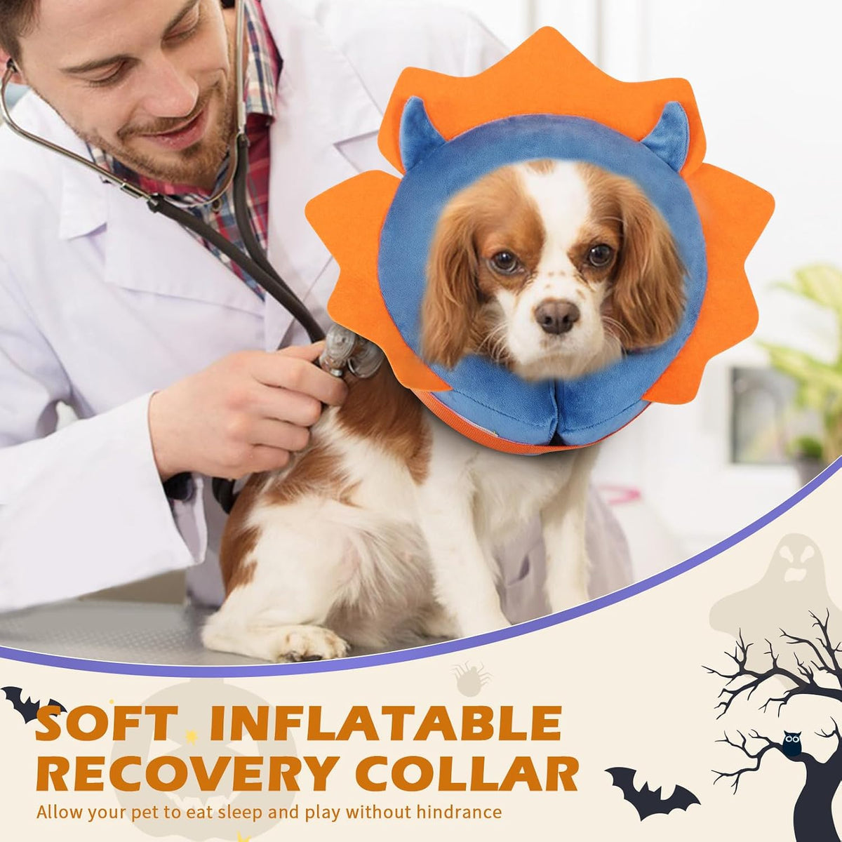 IEUUMLER Inflatable Recovery Dog Collar, Protective Donut Cone, Adjustable Soft Collar for Dog and Cat After Surgery Prevent from Biting & Scratching EU002 - Blue Demon M