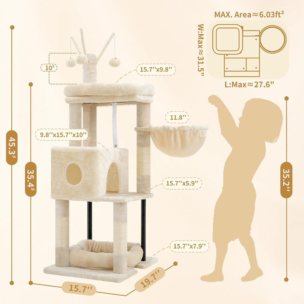 Heybly Cat Tree, 45.3" Cat Tower for Indoor Cats with Large Perch HCT202SM