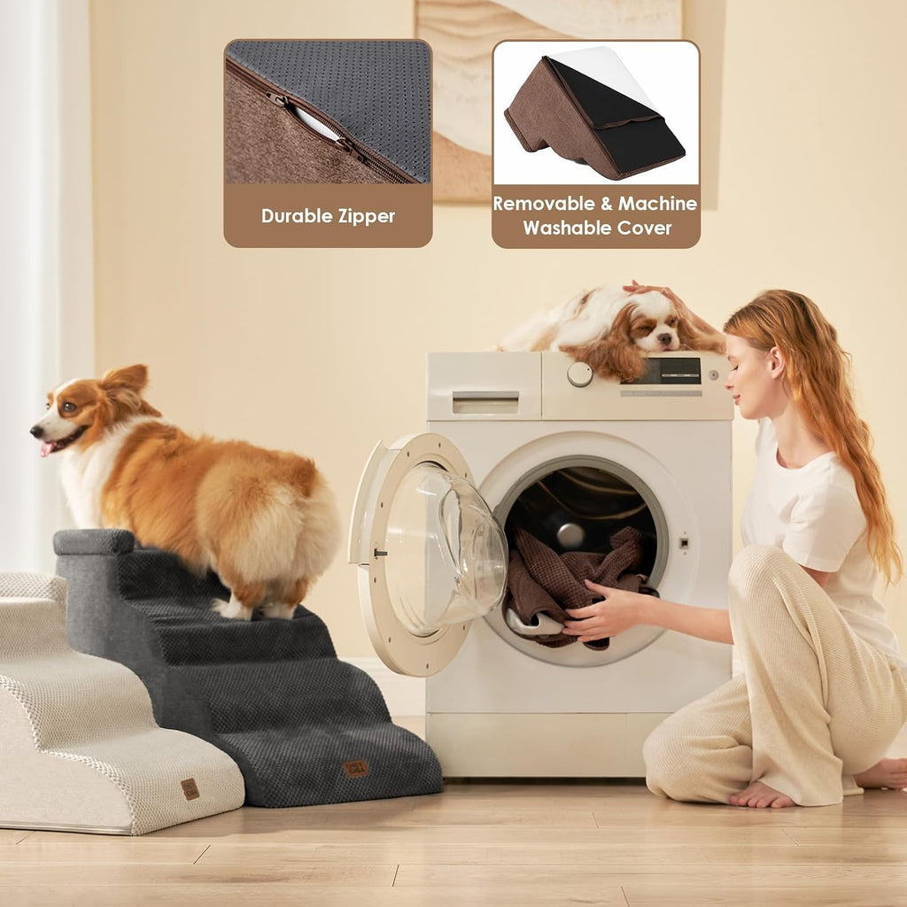EHEYCIGA 5-Step Curved Dog Stairs for High Beds 20.7" H, Brown