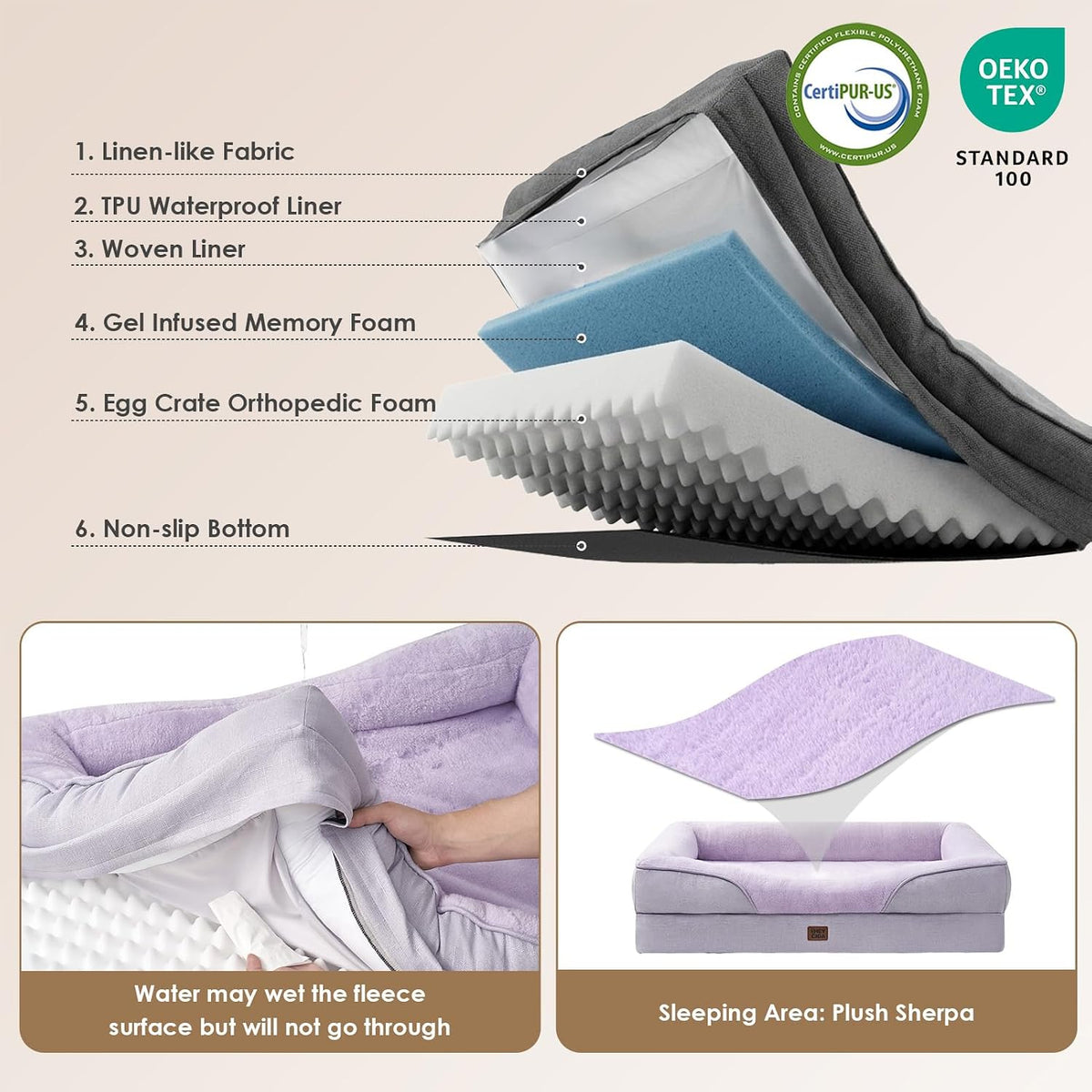 EHEYCIGA Orthopedic XXL Dog Bed for Large Dog, Memory Foam Dog Couch,Purple