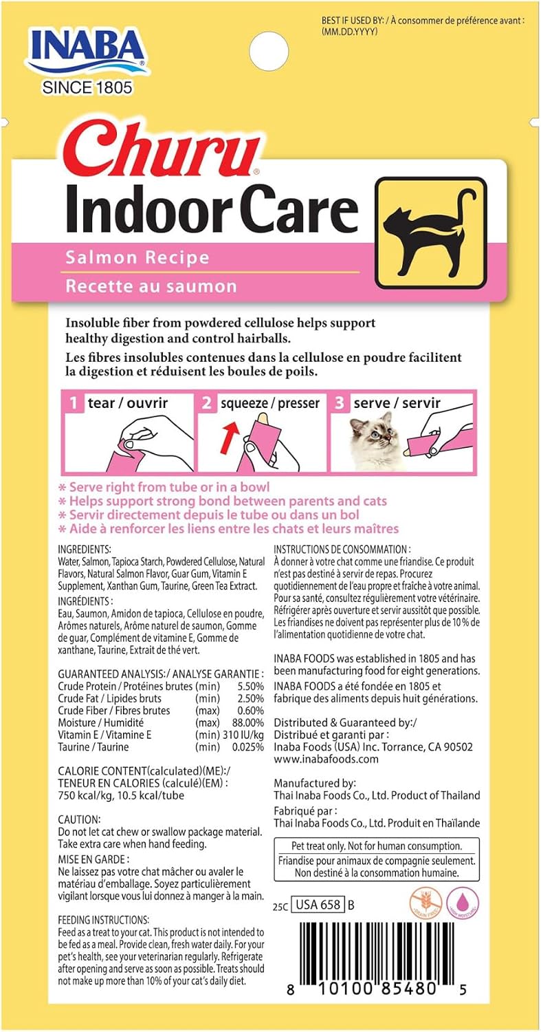 INABA Churu Indoor Care Cat Treats Lickable Tubes, Salmon, 24ct