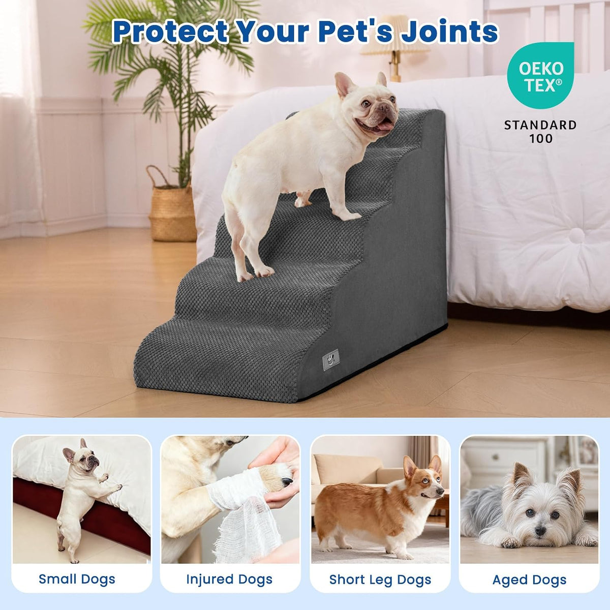 Dog Stairs for High Beds 22.4" H,5-Step Pet Ramp for Small & Medium Dogs