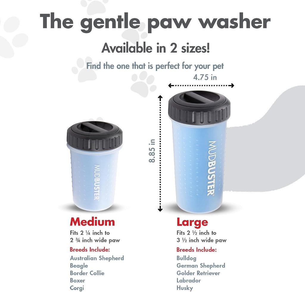 Dexas Lidded MudBuster Large Dog Paw Cleaner, Pro Blue, Fits 2.5"-3.5" Wide Paws, Gentle Silicone Bristles for Quick, Easy Cleaning 