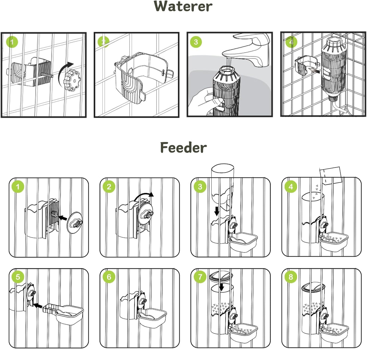 Automatic Pet Food Water Dispenser, Auto Gravity Pet Feeder Water Bottle Set for Cage, Feeding Station for Puppy Kitten Rabbit Guinea Pigs Chinchilla Ferret Hedgehog (Green)