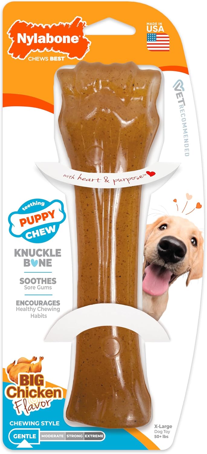 Nylabone Puppy Chew Teething Knuckle Bone Dog Chew Toy, Chicken Flavor | For large breed puppies 50+ lbs, soothing teething toys for puppies, puppy enrichment, freeze for added comfort