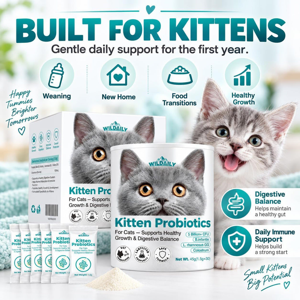 Kitten Probiotics with Colostrum, 5 Billion CFU Cat Probiotic Powder with B. infantis + L. rhamnosus GG, Digestive & Immune Support for Growing Kittens, 30 Daily Stick Pack