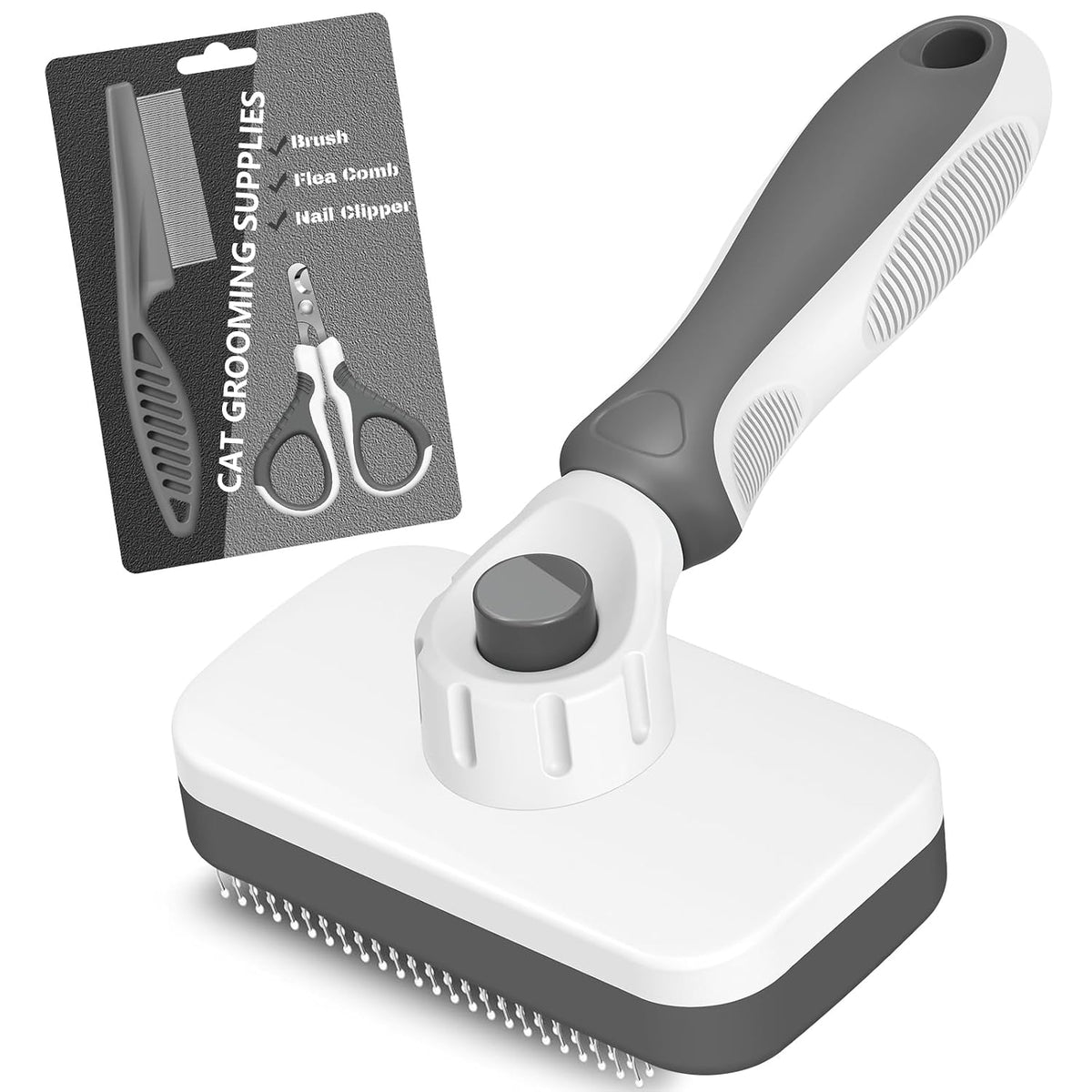 3PCS Cat Grooming Supplies, Cat Brush & Nail Clipper/Trimmer & Flea Comb for Shedding Indoor Cats Essentials Stuff Accessories (Grey)