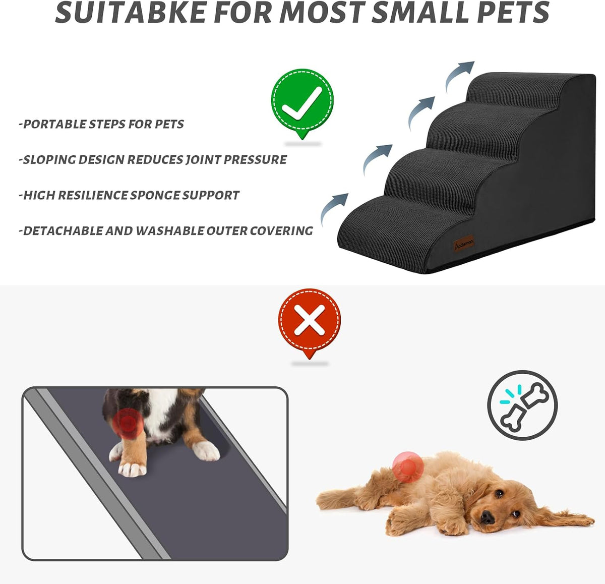 Aodisman Dog Steps for Bed or Couch,4-Step Pet Stairs Ramp for Small Dogs