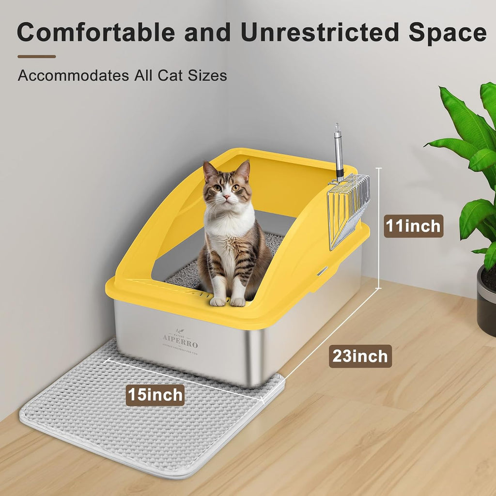 AIPERRO Stainless Steel Litter Box | XL Metal Cat Litter Boxes with Lid | Enclosed High Sided for Big Cats | Anti-Urine Leakage | Non-Stick & Easy to Clean with Litter Mat & Metal Scoop (Yellow)