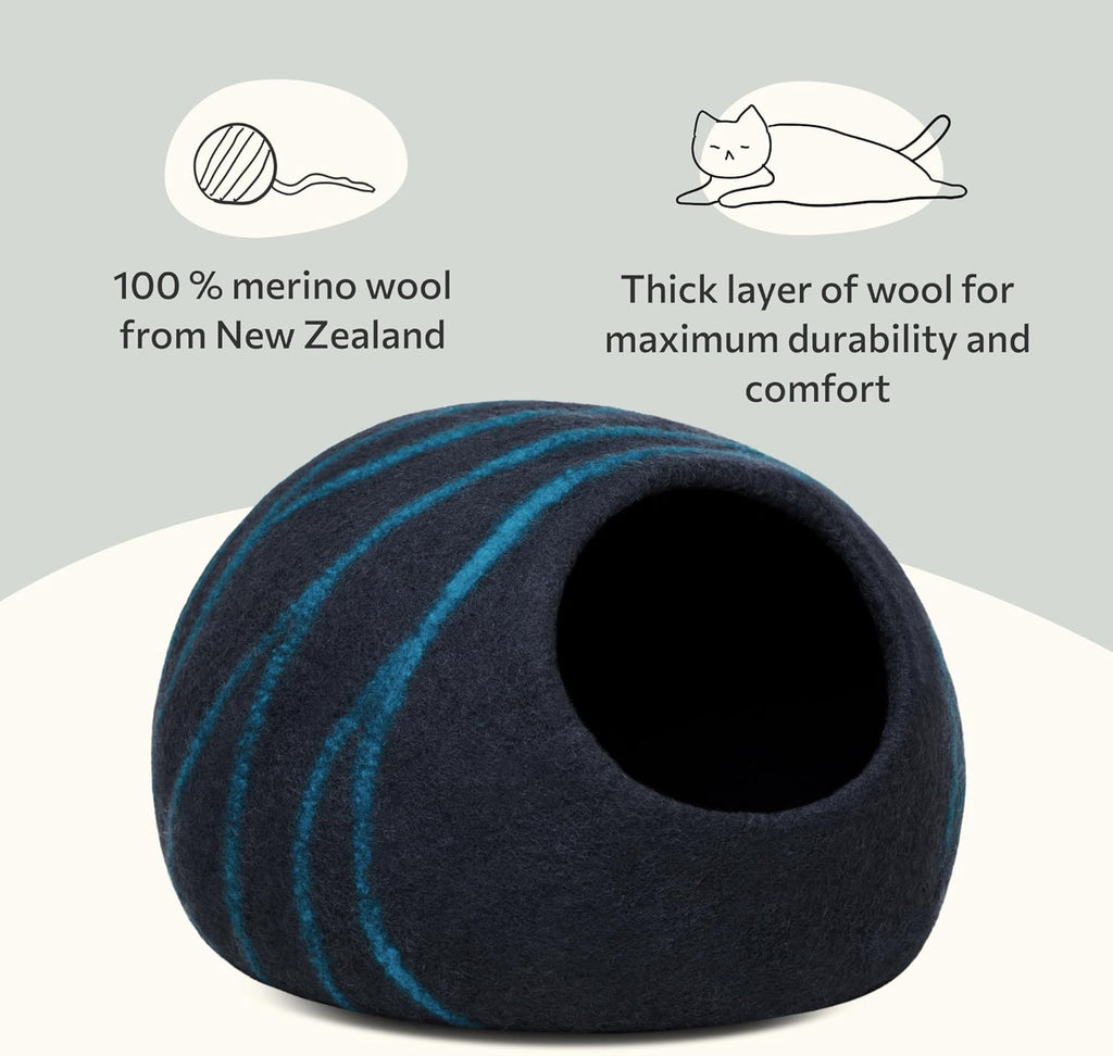 MEOWFIA Cat Cave - New Zealand Wool Bed for Indoor Cats (Black Aqua)