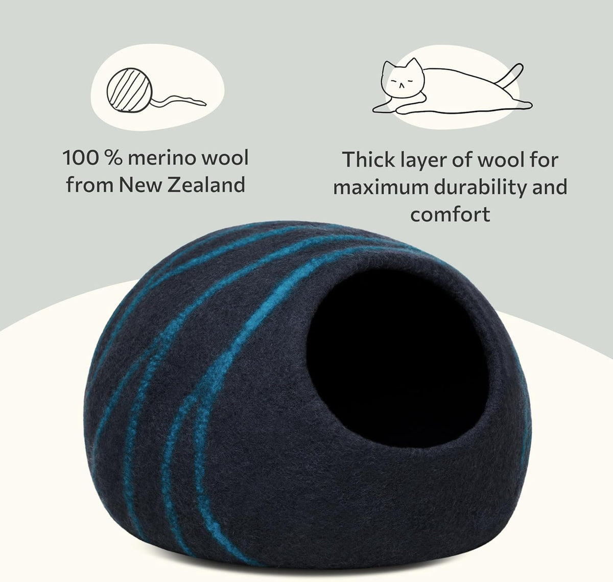 MEOWFIA Cat Cave - New Zealand Wool Bed for Indoor Cats (Black Aqua)