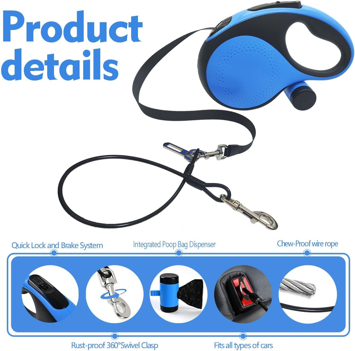 26Ft Retractable Dog Leash with Chew Proof Cable,Heavy Duty Dog Leash with Removable Poop Bags for Medium Large Dogs up to 110lbs,Strong Nylon Tape No Tangle,One-Handed Brake (Blue)