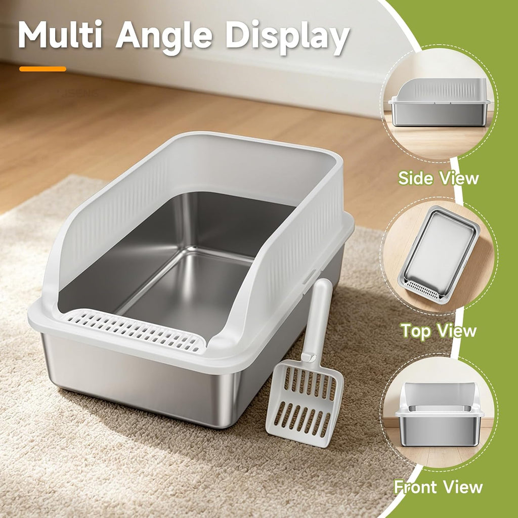 Stainless Steel Cat Litter Box with Lid, XL Metal High Sided Litter Box | Odor Free Open Top Litter Pan Easy Cleaning Anti-Urine Leakage Non-Stick Includes Scoop Light Grey