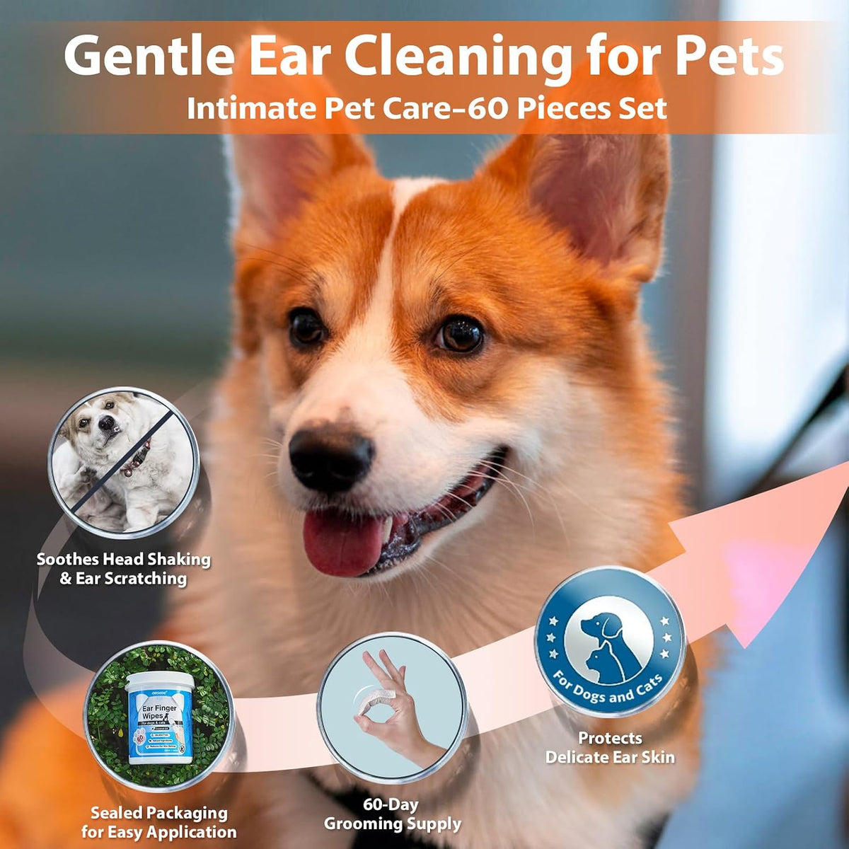 OBSEDE Dog & Cat Ear Cleaner Wipes, 60 Ct Finger Wipes for Pet Grooming
