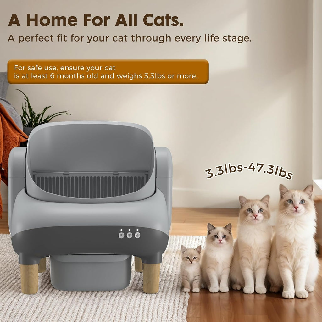 GTPLAYER Smart Cat Litter Box, Open-Top Self Cleaning Cat Litter Box with App Control, Safety Sensors, Large Capacity Waste Bin, Easy Maintenance, Automatic Litter Box for Multi-Cat Homes, Gray