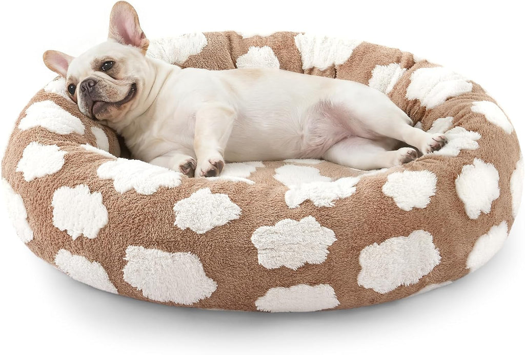 JOEJOY Jacquard Donut Round Small Dog Beds,Brown 23x23x8in, Removable Washable Cover, Cute Pattern, Ultra Soft Fluffy Calming Pet Bed with Thick Supportive Bolster