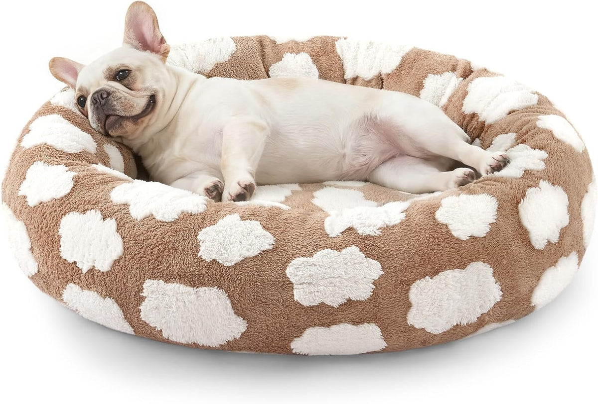 JOEJOY Jacquard Donut Round Small Dog Beds,Brown 23x23x8in, Removable Washable Cover, Cute Pattern, Ultra Soft Fluffy Calming Pet Bed with Thick Supportive Bolster