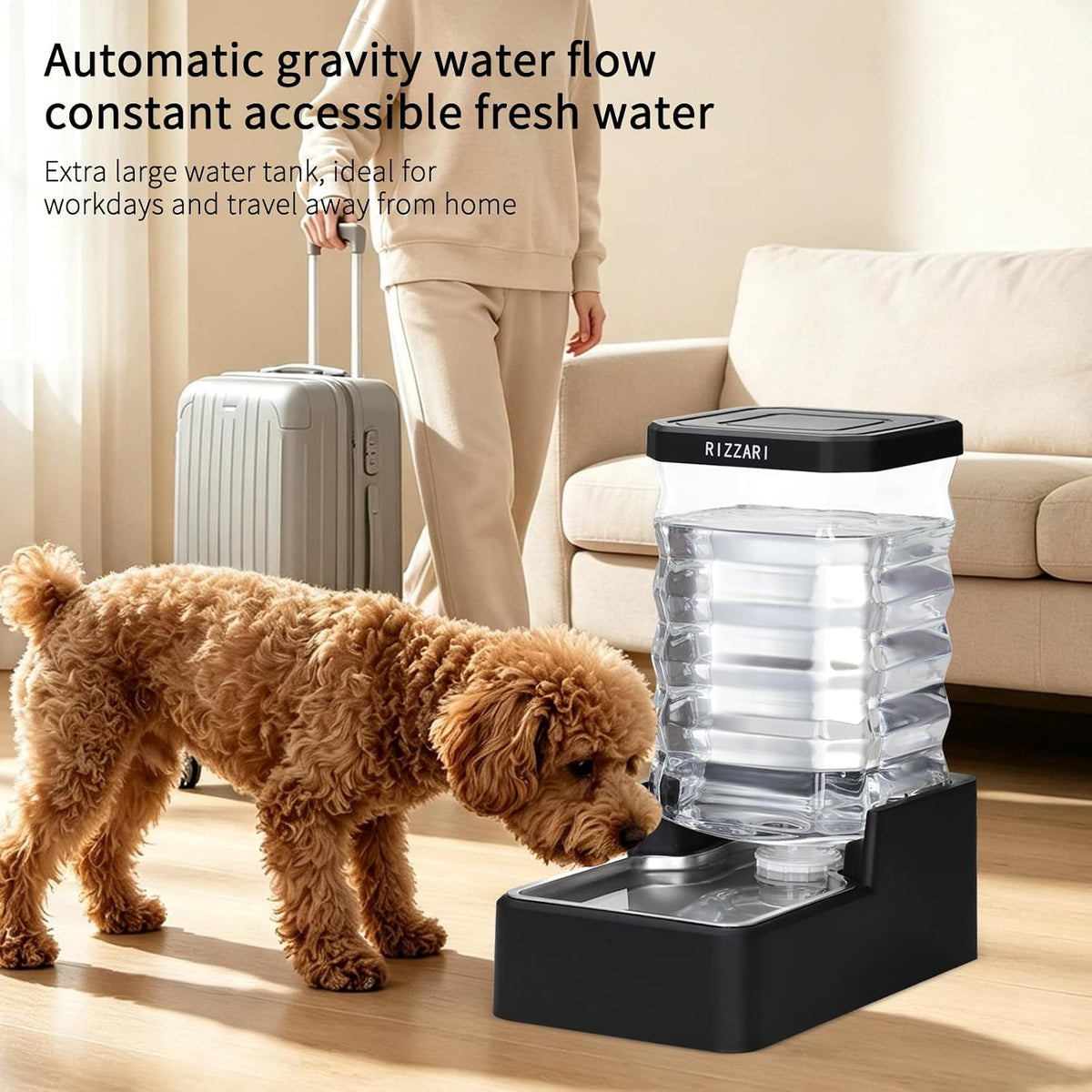 RIZZARI 2.1 Gallon Gravity Dog Water Dispenser:Filter-Free for Busy Homes