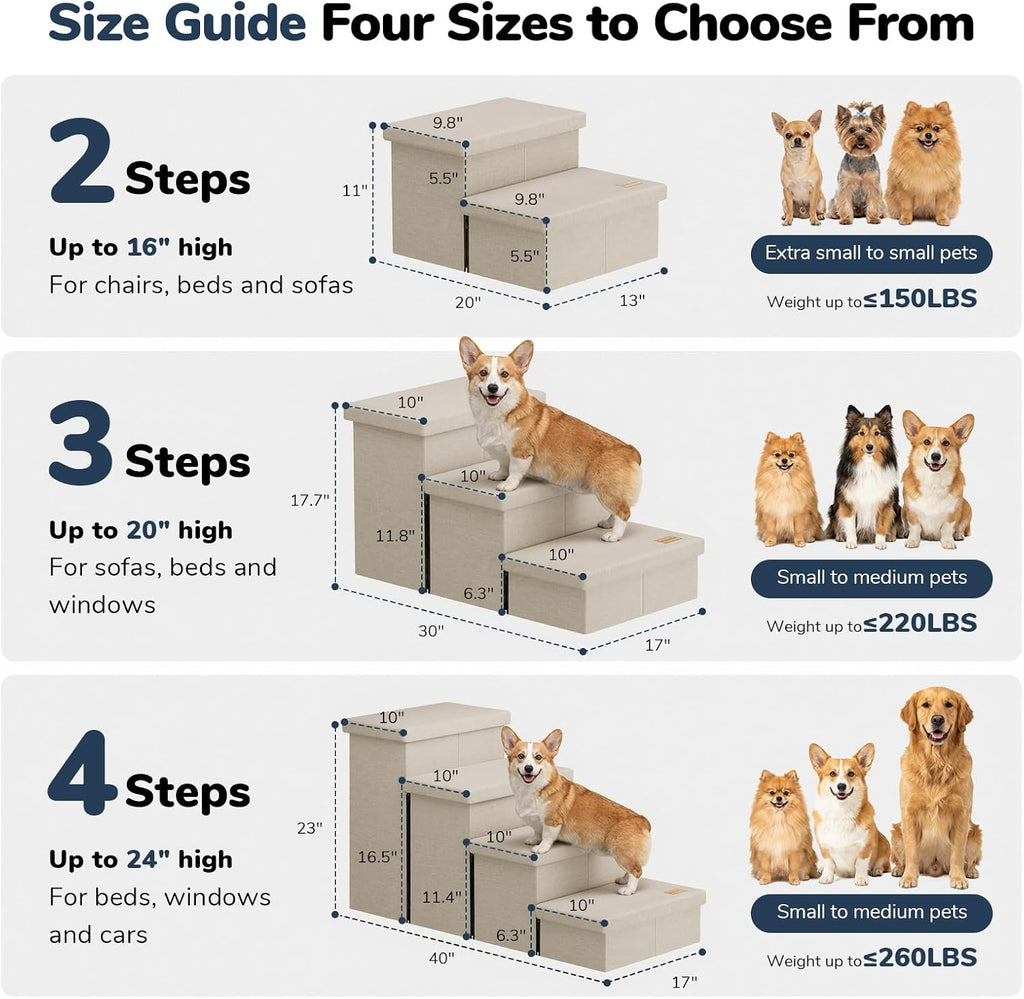 4-Step Wide Dog Stairs with Storage 23" H, Non-Slip Sturdy Pet Steps for High Bed Couch Window, Pet Stairs for Small/Medium/Large Old Dogs Cats Up to 220lbs, Cat Dog Steps for Car/SUV, Beige