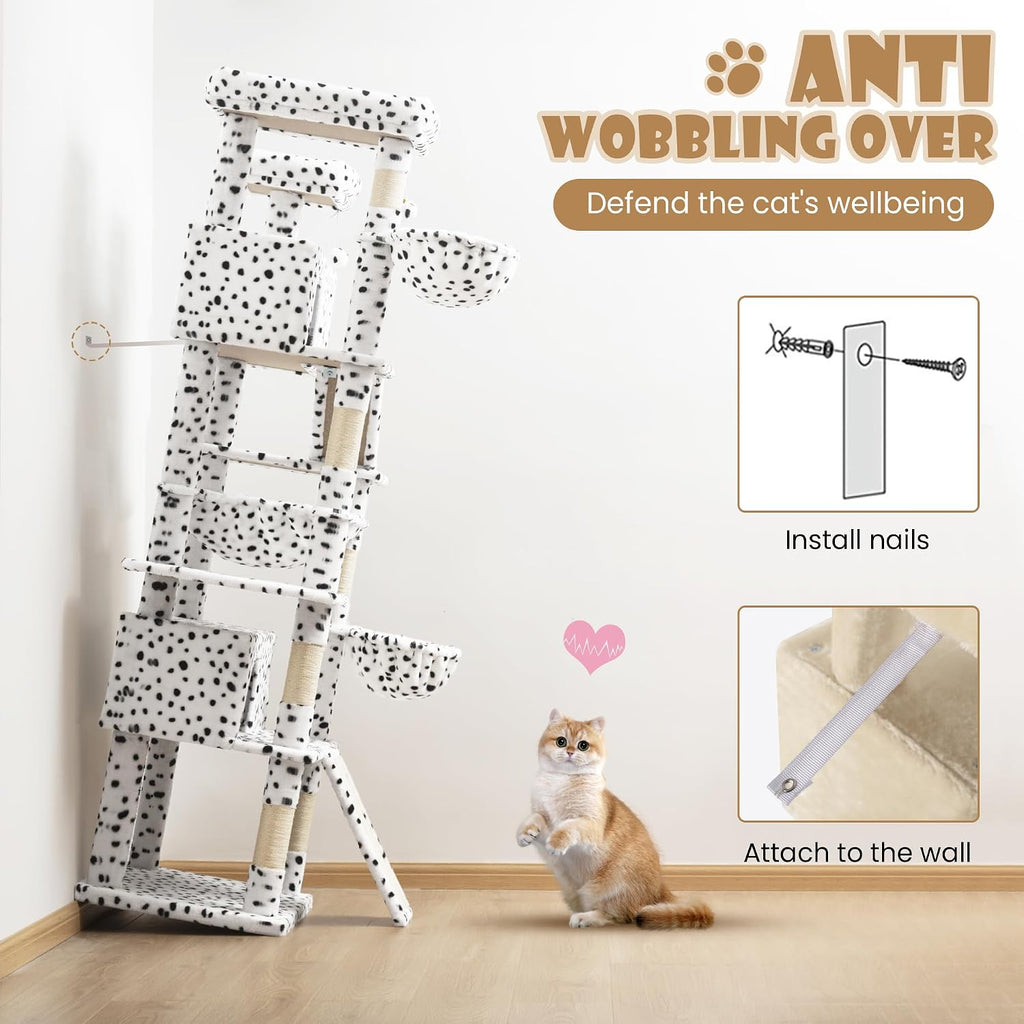 SHA CERLIN 81in Multi-Level Tall Cat Tree Tower for Indoor Kitties/Larger Cat Condo Furniture with Hammock/Cozy Pussycat Perches/Sisal Scratching Posts/Pet House/Wide Base/White & Black Spot