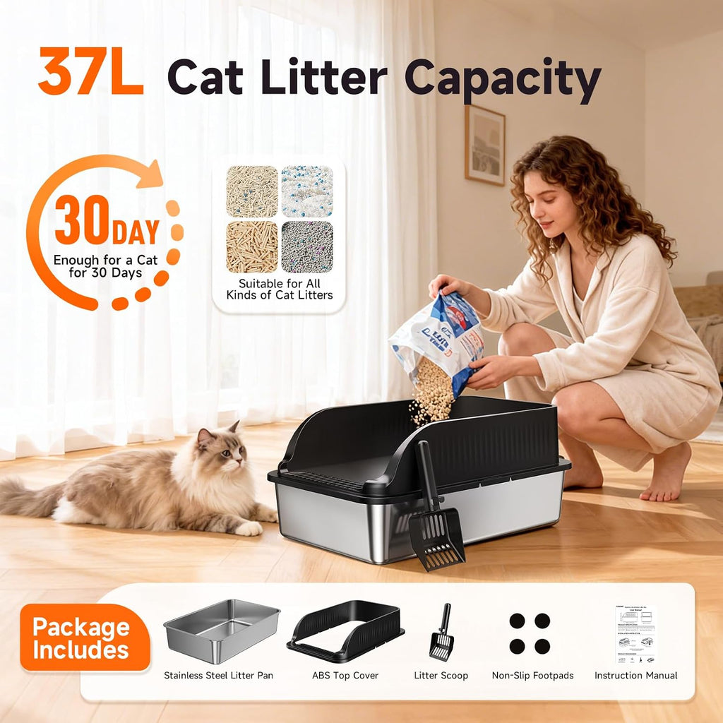 Extra Large Stainless Steel Litter Box with Lid, XL Odor Free Metal Litter Box with High Sides for Big Cats, Open Top Easy Cleaning Kitty Box Anti-Urine Leakage, Non-Sticky, Include Scoop, Black