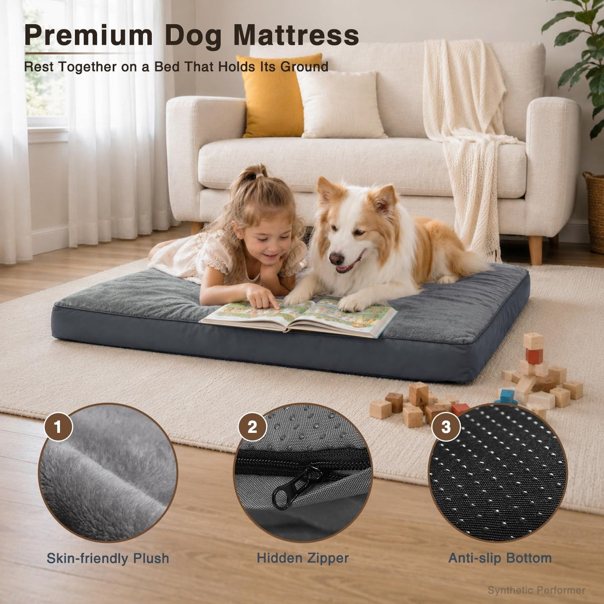 NUPIDA Large Plush Dog Bed for Crate with Washable Cover, 35x22, Grey