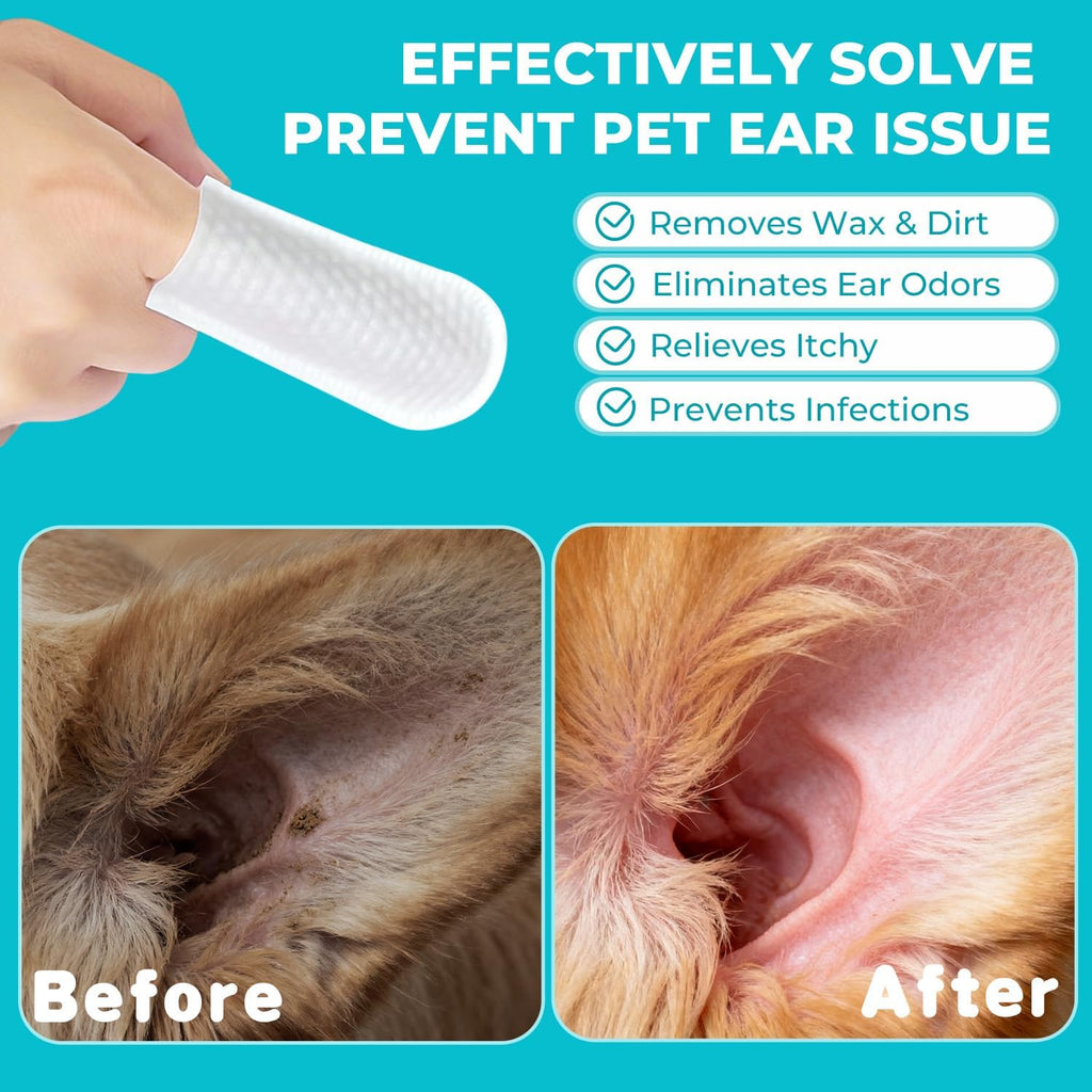 Pet Ear Cleaner Finger Wipes for Dogs, Cats, Alcohol-Free Formula