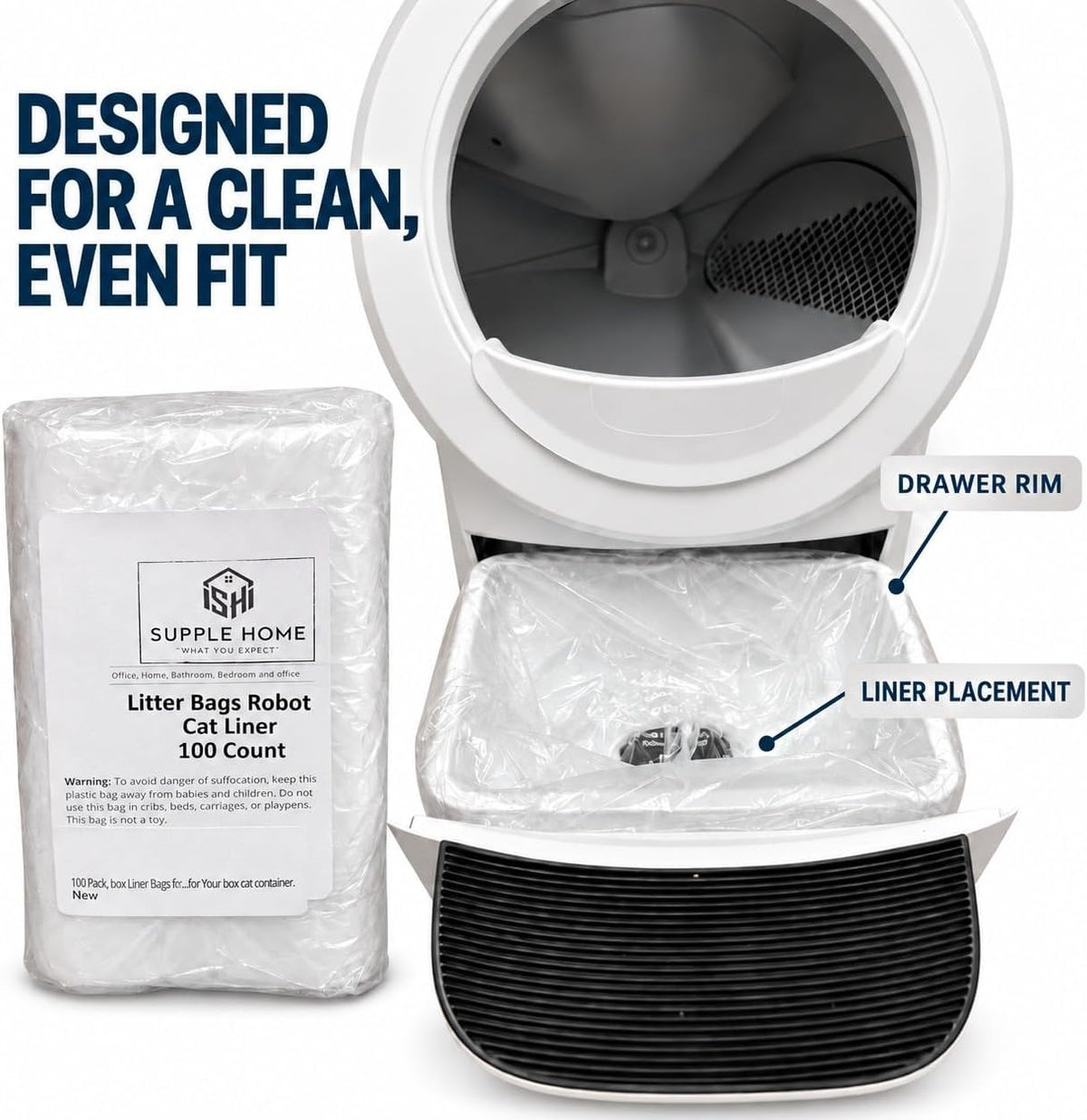 100-Pack Waste Drawer Liners for Litter-Box-Robot 4 & 3 12 Micron Extra-Thick HDPE, Custom Fit to Prevent Sensor Errors Heavy-Duty Leak-Proof, Compatible with Automatic Litter Boxes