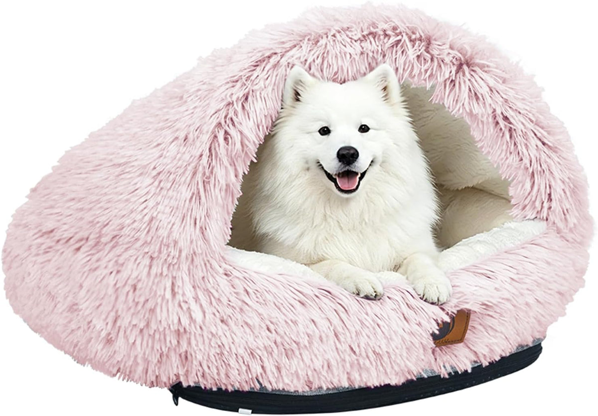 YooxArmor Round Covered Cat Bed Cave Dog Bed for Small Medium Pets,Pink,M