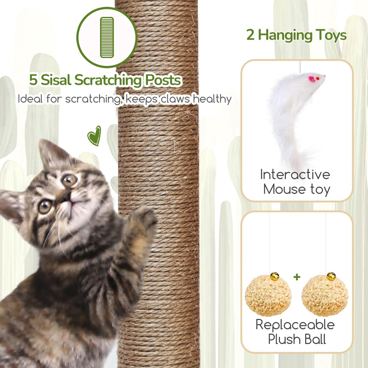 Globlazer 52in Cactus Cat Tree Tower for Indoor Cats, 2 Condos, S52, Green