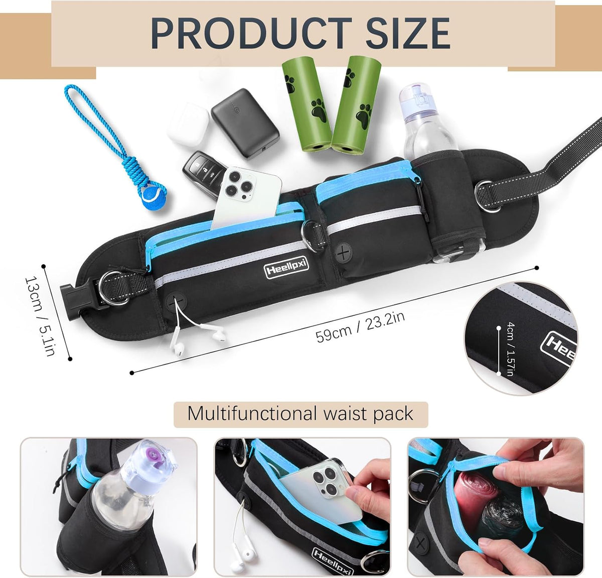Hands-Free Waist Leash with Pouch for Two Dogs,Reflective Stitching, Dual Handle & Bungee Retractable Design – Ideal for Medium to Large Dogs (Blue) – Dog Walking Accessories