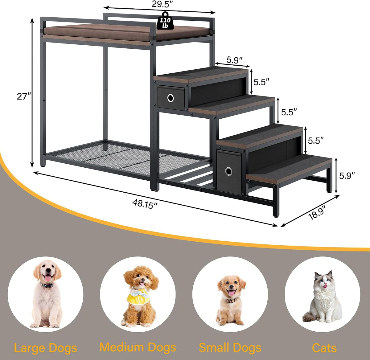 kepptory Dog/Cat Window Perch with Stairs and Seat Cushion, Pet Bunk Bed with Storage Drawers, Bedside Dogs Cot for Small, Medium Cats & Dogs, Pet Stairs Ramp(Brown)