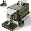 FURTIME Stainless Steel Litter Box with Lid, Enclosed Metal Cat Litter Box | XL Extra Large, Cat Box with High Sided Enclosure & Scoop, Big Cats, Front & Top Entry, Odor Free, Anti-Leakage, Green