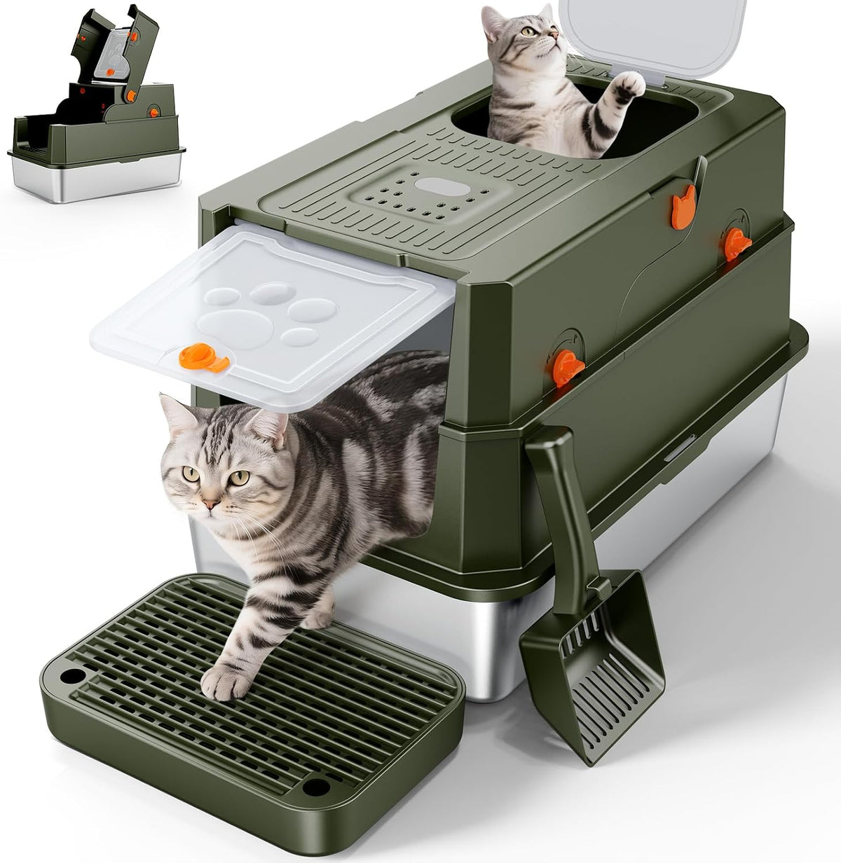 FURTIME Stainless Steel Litter Box with Lid, Enclosed Metal Cat Litter Box | XL Extra Large, Cat Box with High Sided Enclosure & Scoop, Big Cats, Front & Top Entry, Odor Free, Anti-Leakage, Green