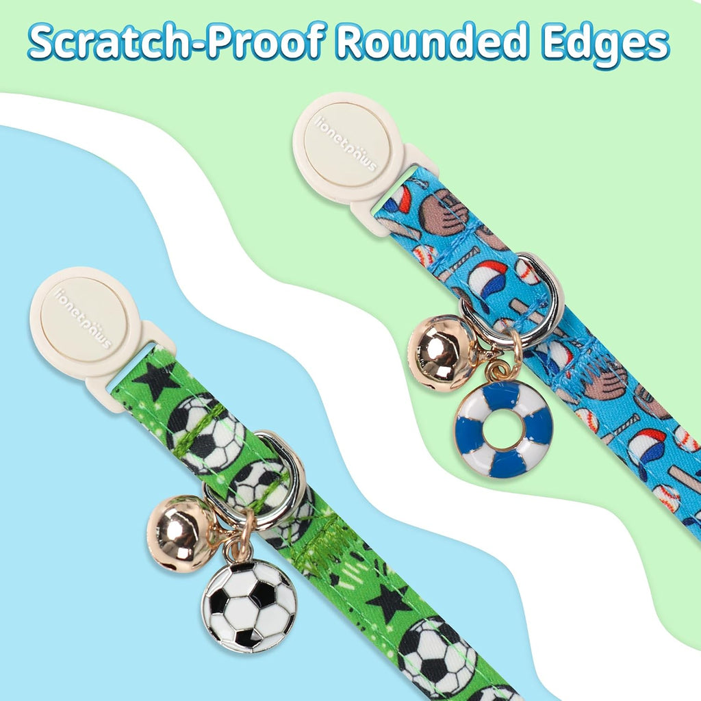 LIONET PAWS 2 Pack Breakaway Cat Collars, Cute Soft Cotton Blue Baseball & Green Soccer Kitten Collars with Bell for Boy Girl Cats