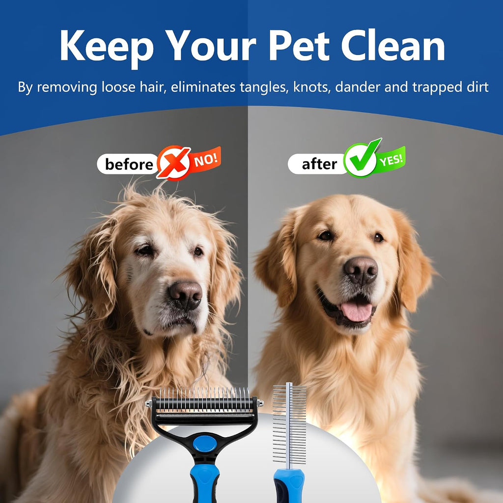 Dog Brush for Shedding, Deshedding Dog Brush for Long Haired Dogs, Cat Grooming Set 2 in 1 Undercoat Rake with Flea Comb-Large