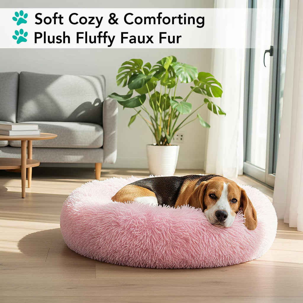 PetAmi Calming Donut Dog Bed, Washable Faux Fur, 30 Inch Medium, Pink